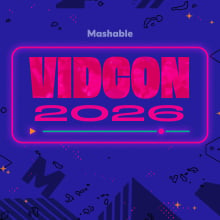 the VidCon 2026 logo in pink on a purple background