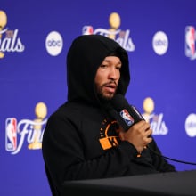 Jalen Brunson #11 of the New York Knicks talks to the media during 2026 NBA Finals Practice and Media Availability on June 9, 2026 