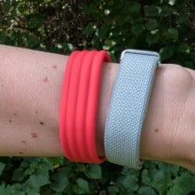 the google fitbit air on a wrist with greenery behind