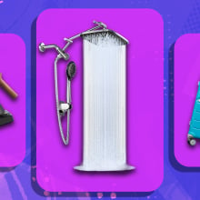 electric kettle, shower head, and luggage on abstract wintery background