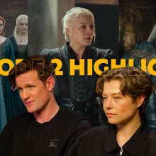 A collaged image shows Olivia Cooke, Matt Smith and Emma D'arcy as their characters in House of the Dragon in the background. In the foreground, there are screengrabs of Matt Smith and Emma D'Arcy their Mashable interview. Caption reads: Episode 2 highlights