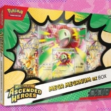 The Pokemon TCG: Mega Evolution - Ascended Heroes Mega Meganium ex Box on a red and orange background