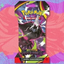 The Pokemon TCG: Mega Evolution - Pitch Black Sleeved Booster Pack on a red and purple background