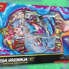The Pokémon TCG: Mega Greninja ex Premium Collection on a green and purple background