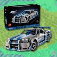 lego technic 2 fast 2 furious nissan skyline gt-r (r34) car against a green patterned background