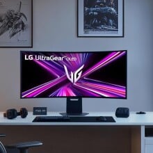 the LG ultragear OLED curved gaming monitor on a desk