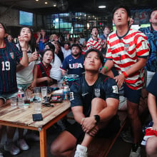 Team USA fans react as their team is on the cusp of scoring during a watch party as the team takes on Bosnia and Herzegovina in World Cup action at Pitch 25 in Houston on Wednesday, July 1, 2026. 