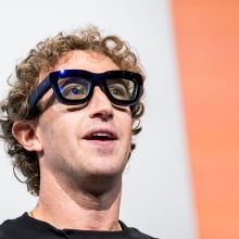Mark Zuckerberg, chief executive officer of Meta Platforms Inc., wears Orion augmented reality (AR) glasses during the Meta Connect event in Menlo Park, California, US, on Wednesday, Sept. 25, 2024