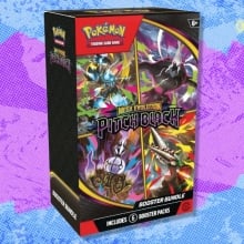 The Pokémon TCG: Mega Evolution — Pitch Black Booster Bundle on a blue and purple background
