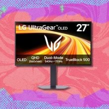 the LG ultragear montior on a purple, blue, and coral background