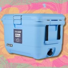 coleman pro 45qt hard cooler against a yellow, pink, and green patterned background