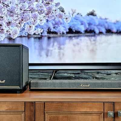 marshall heston 60 and sub 200 speakers in front of art tv