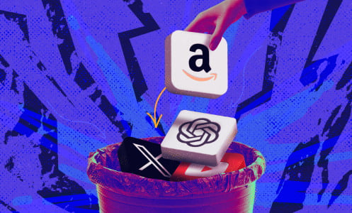 Composite image of an Amazon, OpenAI, and X logo being put in the trash.