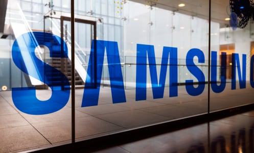 Samsung logo on a glass window.