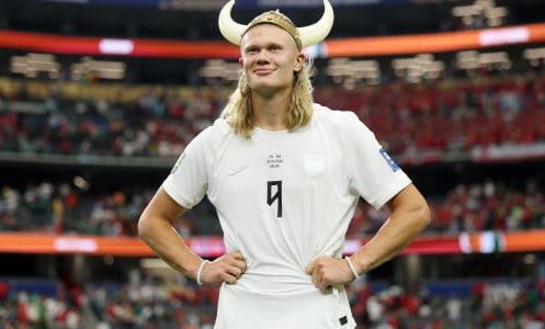 Erling Haaland #9 of Norway celebrates after the 2-1 win during the FIFA World Cup 2026 Round of 32 match between Cote d'Ivoire and Norway at Dallas Stadium.
