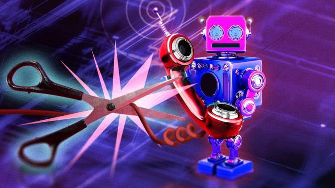 scissors cutting cord on robot making phone call