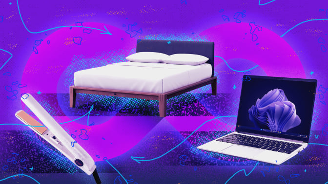 Chi hair straightener, Thuma bed, and Framework laptop arranged on purple abstract backdrop