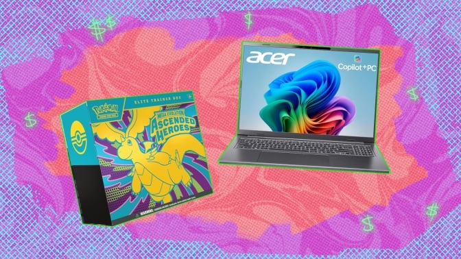 Pokémon cards and Acer laptop on gradient background