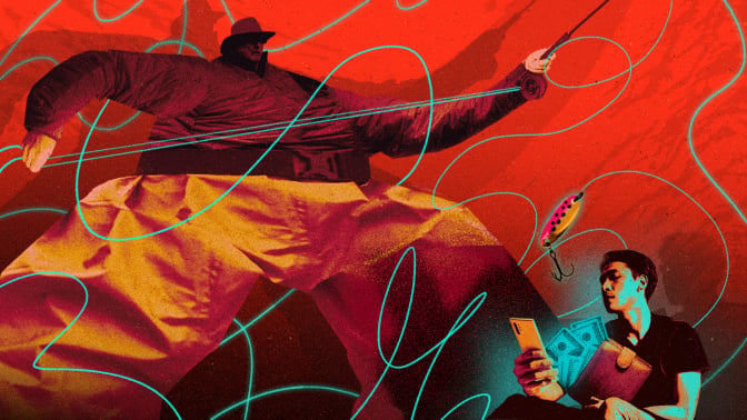 Illustration showing a very tall, oversized man peering down on a much smaller man. The larger man holds a fishing rod, while the smaller man holds cash and an iphone in his hands.