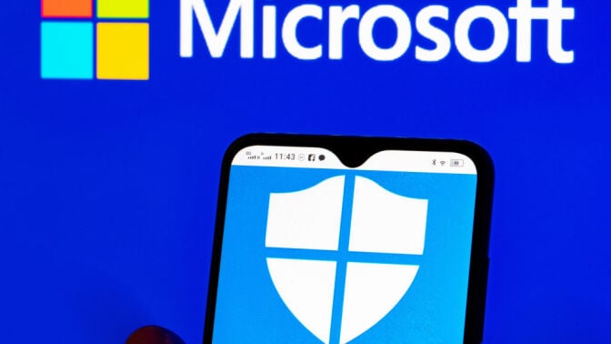 Windows Defender logo on phone screen