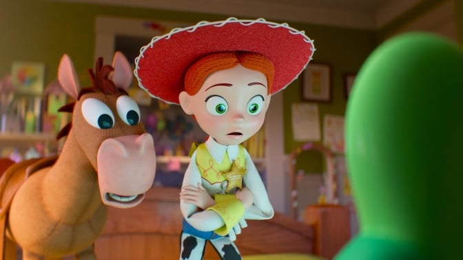 Jessie and Bullseye stare at a screen in "Toy Story 5."