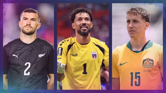 Collage of Tim Payne of New Zealand, Vozinha of Cape Verde and Kai Trewin of Australia at the World Cup 2026