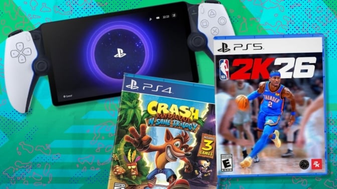 The PS Portal, NBA 2K26 on PS5, and Crash Bandicoot N. Sane Trilogy on PS4 on a blue and green background