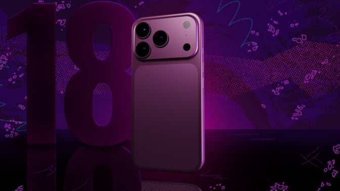 An iPhone Pro model in front of a dark background with the number 18 next to it