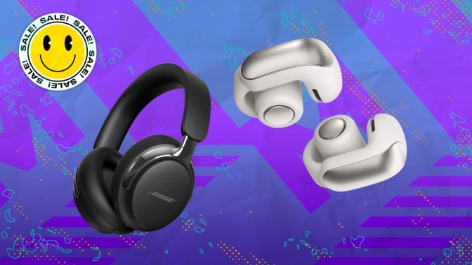 Bose headphones and earbuds on composite background
