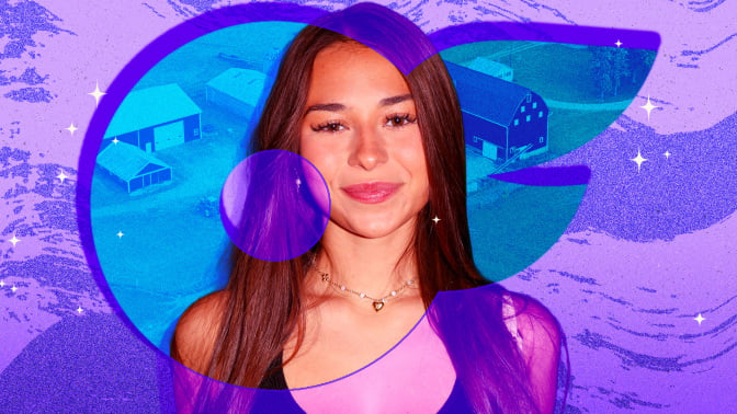 sophie rain in front of a drone image of a farm