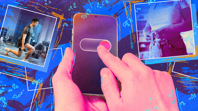 A hand swipes an off button on a phone. It is surrounded by images of people in a gym and a person measuring their waist.