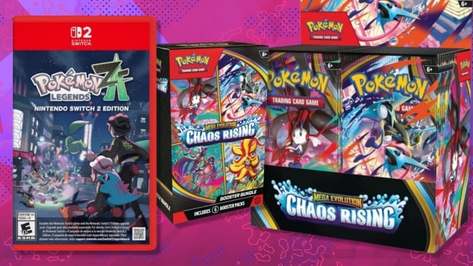 The Pokemon TCG Chaos Rising Booster Display Box, Booster Bundle, and Pokemon Legends Z-A on a pink and purple background