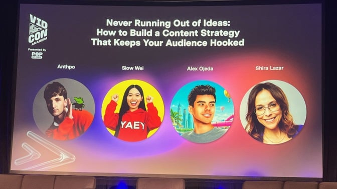 Never Running Out of Ideas: How to Build a Content Strategy That Keeps Your Audience Hooked panel at Vidcon 2026, featuring Anthpo, Siow Wei, and Shira Lazar
