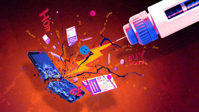 A needle shatters a phone in an illustration. 