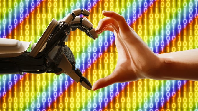 Robot and human hand form heart shape, with binary numbers and rainbow colours in background