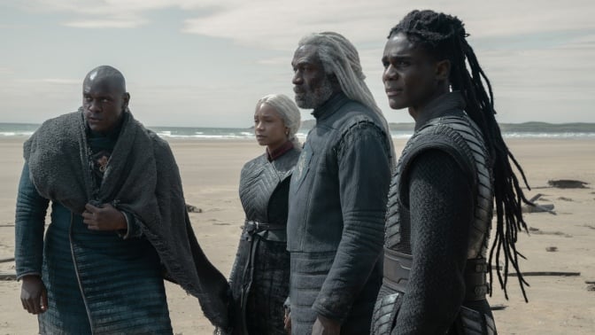 Alyn of Hull (Abubakar Salim), Lady Baela Targaryen (Bethany Antonia), Lord Corlys Velaryon (Steve Toussaint), and Addam of Hull (Clinton Liberty).