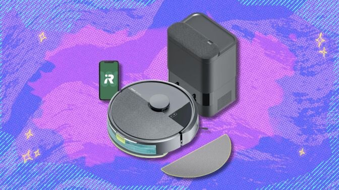 irobot roomba 105x robot vacuum and mop against a purple patterned background
