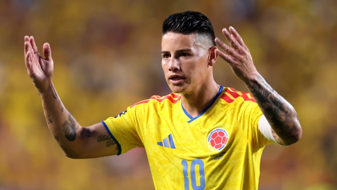 James Rodriguez of Colombia reacts