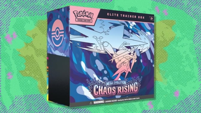 The Pokémon TCG Chaos Rising Elite Trainer Box on a green and purple background
