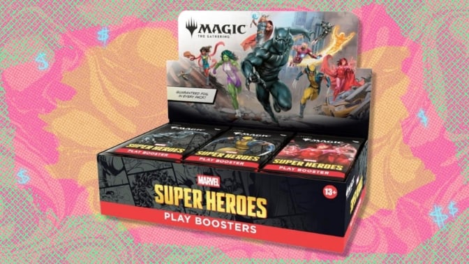 The Magic: The Gathering Marvel Super Heroes Play Booster Box on a green, red, and orange background