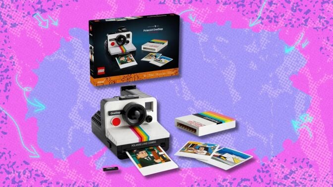 lego ideas polaroid onestep sx-70 set against a pink and purple patterned background