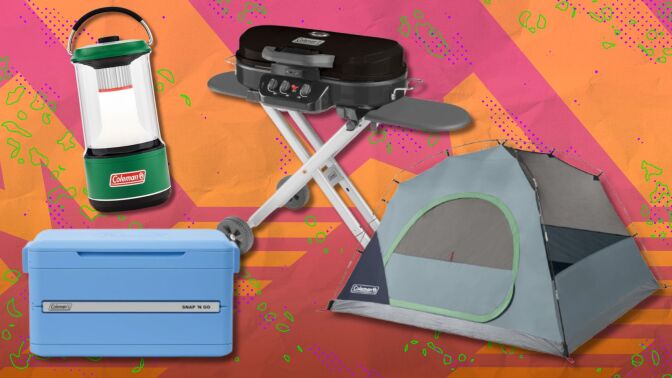 a Coleman lantern, cooler, portable propane grill, and tent on a pink and orange background