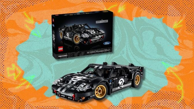 lego technic 1966 ford gt40 mkii race car set against an orange and blue patterned background