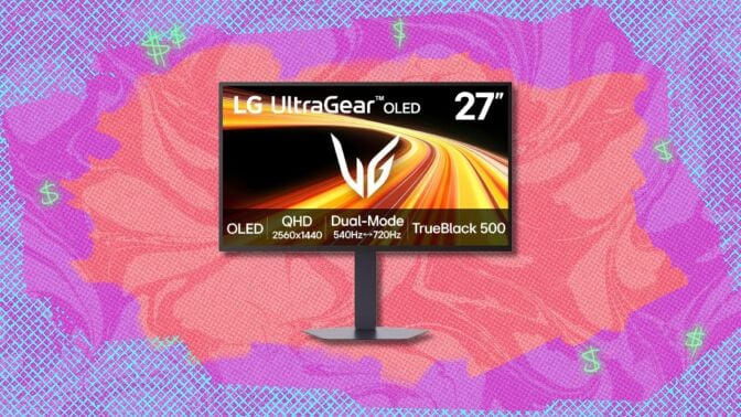 the LG ultragear montior on a purple, blue, and coral background