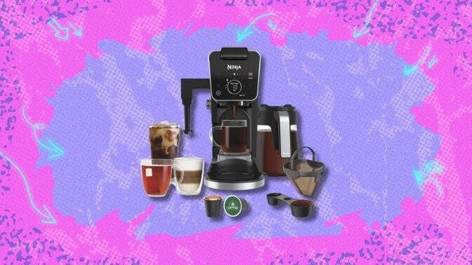 ninja dualbrew pro coffee maker against a pink and purple patterned background