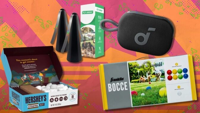 a hershey's s'mores kit, fly away fans, franklin boccee ball set, and soundcore speaker