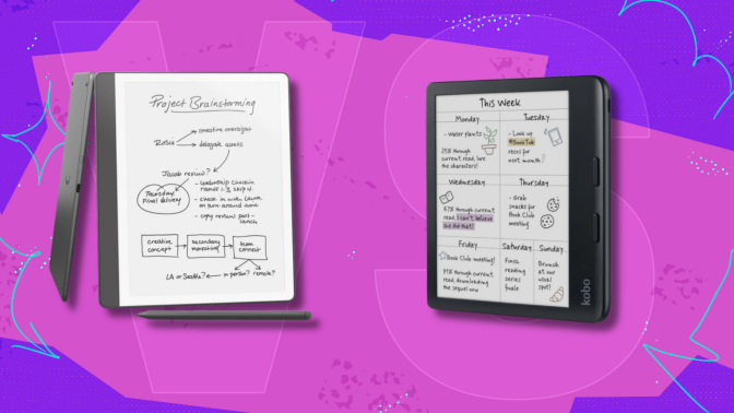 A Kindle Scribe and a Kobo Libra Colour on a colorful background 