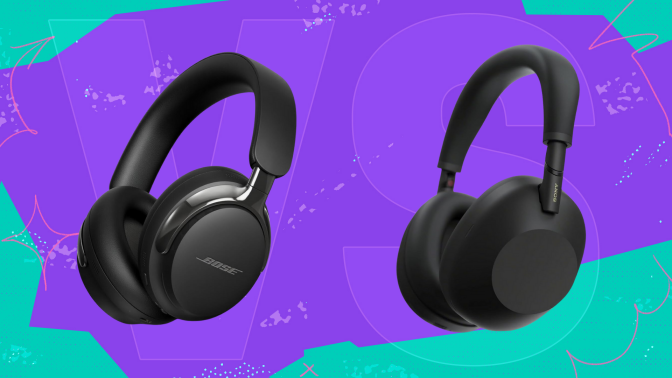 The Bose QuietComfort Ultra (Gen 2) and Sony WH-1000xM6 headphones on a colorful background