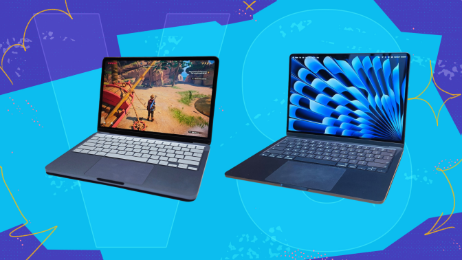 the macbook neo and the m5 macbook air against a blue background that says "vs"