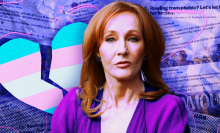 J.K. Rowling with a broken heart behind her in the colors of the trans pride flag. Behind her is a collage of her transphobic posts.